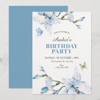 Ästhetische blaue Blumenblüten-Geburtstag Einladung