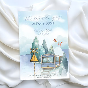Ästhetische blaue Reise-Zug-Hochzeit Einladung