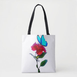 Ästhetische Blaue Schmetterling auf roter Blüten-T