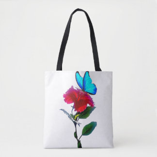 Ästhetische Blaue Schmetterling auf roter Blüten-T
