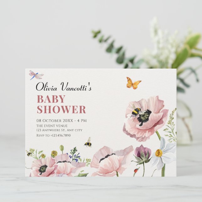 Ästhetische Blütenblütenbienen Babydusche Einladung (Stehend Vorderseite)