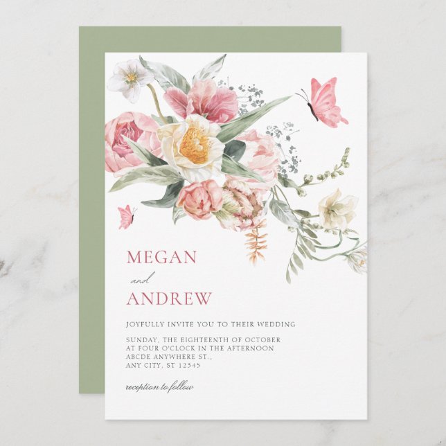 Ästhetische Blütenpastellfarbenhochzeit Einladung (Vorne/Hinten)