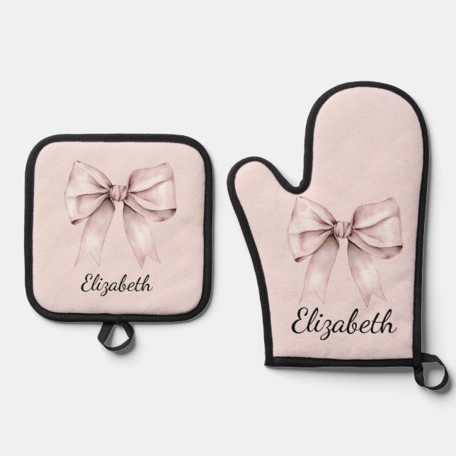 Ästhetische Coquette Rosa Bug Personalisiert Name Ofenhandschuh & Topflappen-Set (Vorderseite)
