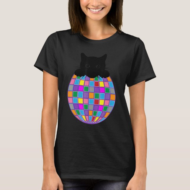 Ästhetische Disco Ball Psychedelic Black Cat Disco T-Shirt (Vorderseite)