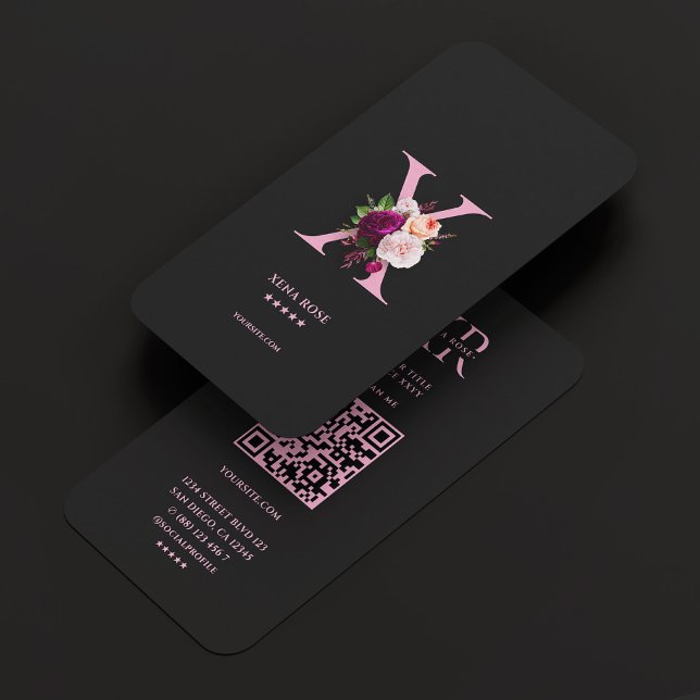Ästhetische Eleganmonogramm X Schwarz Rosa Bläsche Visitenkarte (Aesthetic Elegant Monogram X Black Pink Floral Business Card
)
