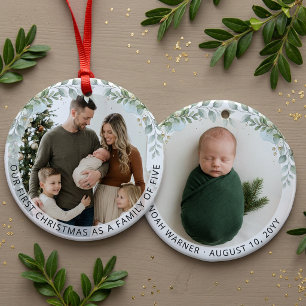 Ästhetische Familie-mit-fünf-ersten-Weihnachten-Fo Keramik Ornament