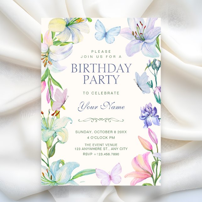 Ästhetische Florale Schmetterlinge Geburtstag Einladung (Von Creator hochgeladen)