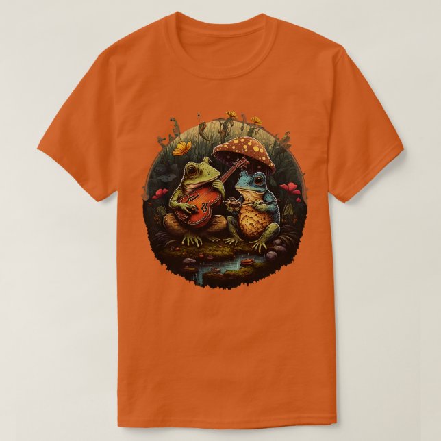 Ästhetische Frösche spielen ukelele auf Mushroom T-Shirt (Design vorne)