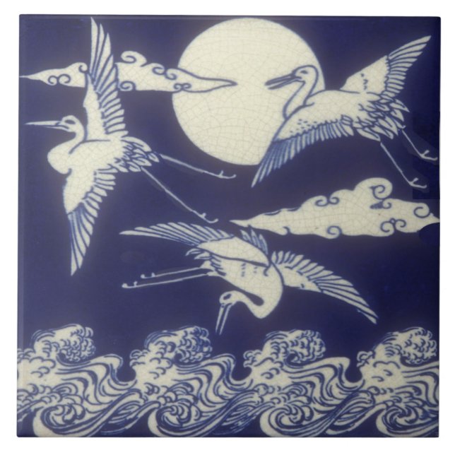 Ästhetische japanische Antique Repro Tile 3 Krane Fliese (Vorderseite)