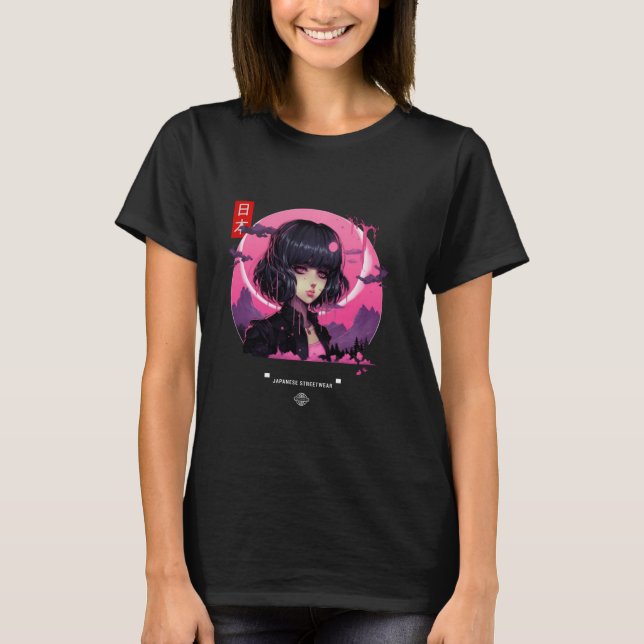 Ästhetische japanische Vaporwave Lila Moon Sad Gir T-Shirt (Vorderseite)