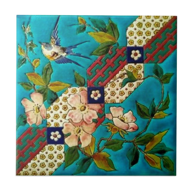 Ästhetische Longwy Bird Dogwood Repro aus dem 19.  Fliese (Vorderseite)