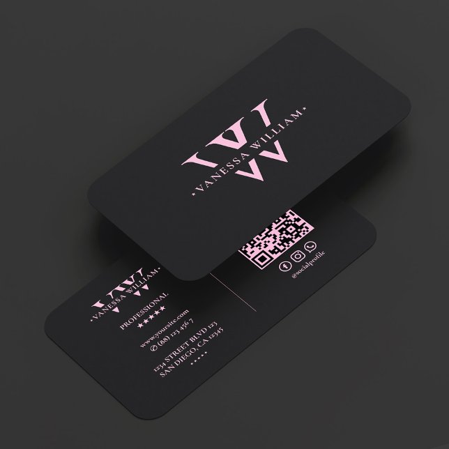 Ästhetische Monogramm-Initialen V W Pink Schwarz Visitenkarte (Aesthetic Monogram Initials V W Pink Black Business Card
)