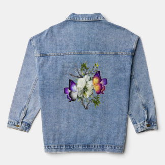 Ästhetische weiße Rose- und Schmetterling-Grafik-D Jeansjacke