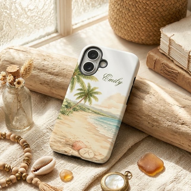 Ästhetischer Aquarell-Strand mit individuellem Nam Case-Mate iPhone Hülle (Von Creator hochgeladen)