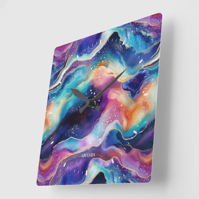 Ästhetischer bunter Regenbogen-Glitzer Quadratische Wanduhr (Winkel)