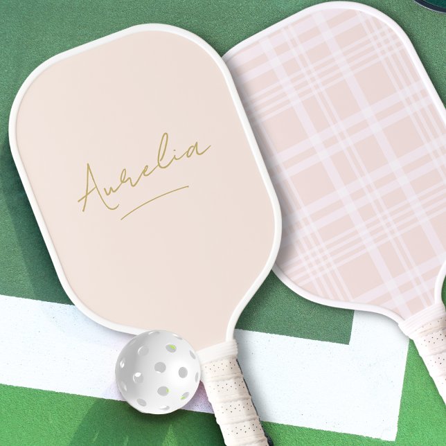 Ästhetischer Country Club Pink Karierte Goldsignat Pickleball Schläger (Von Creator hochgeladen)
