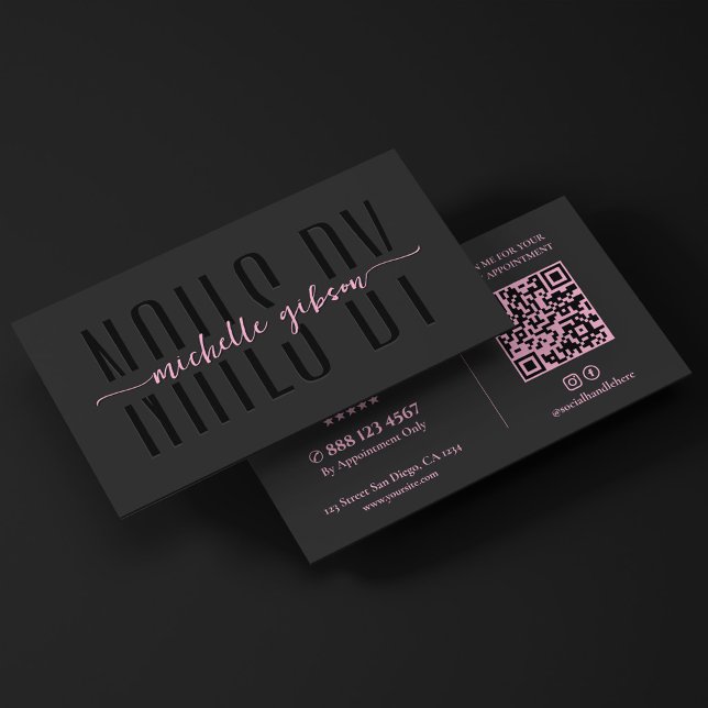 Ästhetischer Nageltechniker Schwarz Pink Monogramm Visitenkarte (Aesthetic Nail Technician Black Pink Monogram QR Business Card
)