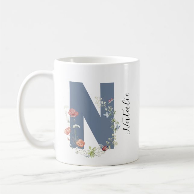 Ästhetischer Wasserfarbenflorbrief N Monogramm Kaffeetasse (Links)