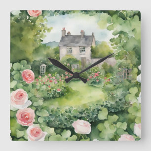 Ästhetisches Aquarell Irisches Dorf Cottage Rose Quadratische Wanduhr