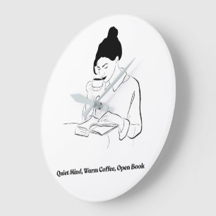 Ästhetisches Buch- und Kaffee-Linienkunst-T-Shirt Große Wanduhr
