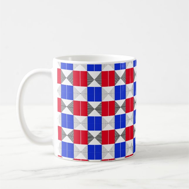 Ästhetisches geometrisches, schwarz-weiß blaues Mu Kaffeetasse (Links)