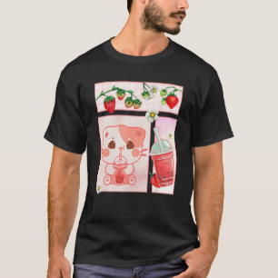 Ästhetisches Harajuku Süße Katze Trinkt Erdbeeren  T-Shirt