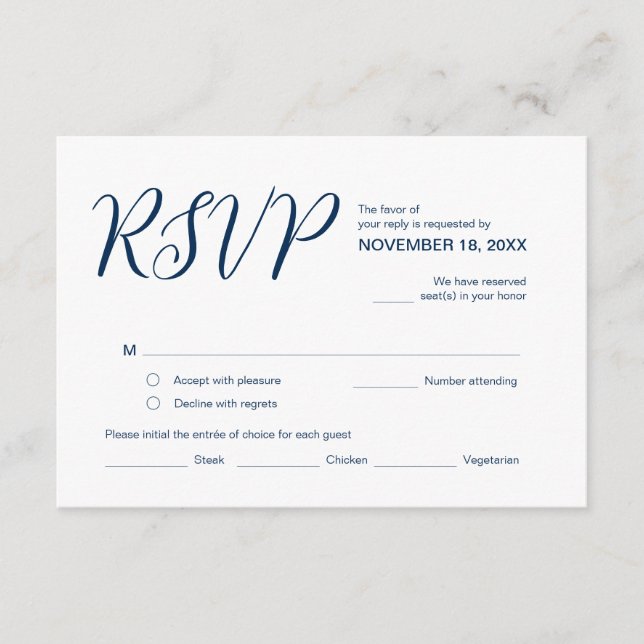 Ästhetisches Navy Blau, Hochzeitsfeier UAWG, Respe Begleitkarte (Vorderseite)