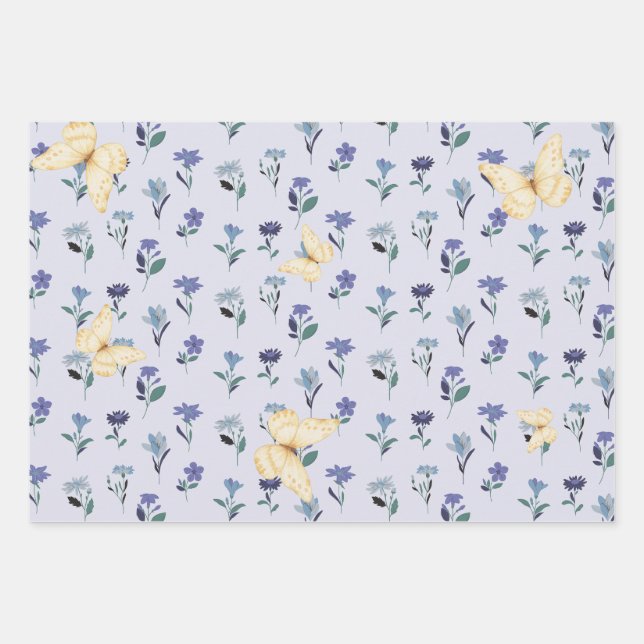 Ästhetisches Pastell-Schmetterling- und Wildblumen Geschenkpapier Set (Vorderseite)