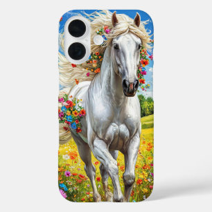 Ästhetisches Weißes Pferd auf Blumenwiese iPhone 16 Hülle