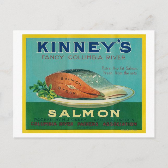 Astoria, Oregon - Lachs-Case-Label von Kinney Postkarte (Vorderseite)