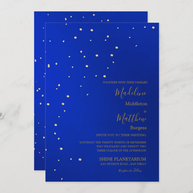 Astral Gold Stars Blue Abend Wedding Einladung (Vorne/Hinten)