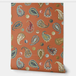 Astro Paisley & Yin Yang Dots Orange Olive Cobalt Tapete