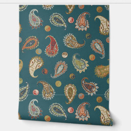 Astro Paisley & Yin Yang Dots Teal Orange Olive Tapete