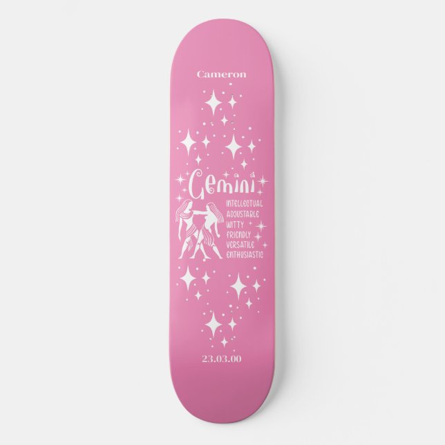 Astrologie Rosa Skateboard mit Zwillingssymbol (Vorderseite)