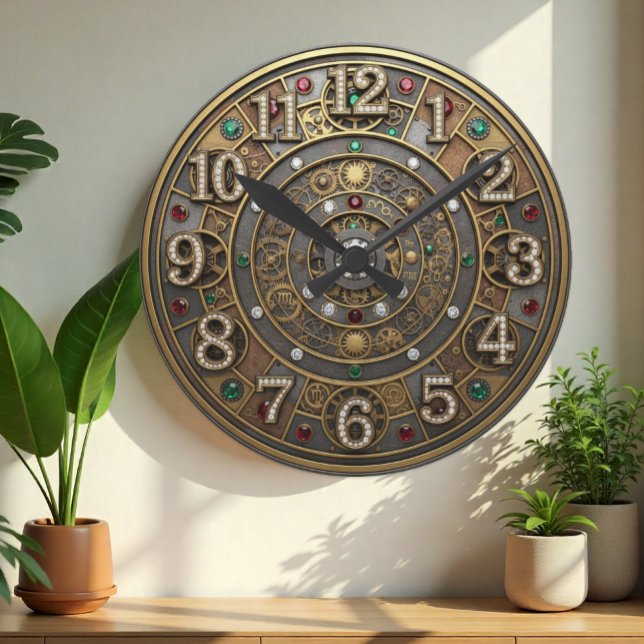 Astrologische Uhr, Steampunk, Industrie, Edelstein Runde Wanduhr (Industrial Steampunk Mechanical Jeweled Clock)