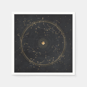 Astrologischer Sternplan Schwarz-Gold-Sterne  Serviette