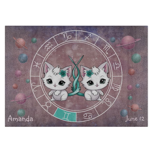 Astrologisches Gemini Niedliche Katze Zodiac Wheel Schneidebrett (Vorderseite)