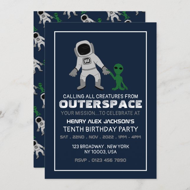 Astronaut & Alien, Geburtstag Einladung (Vorne/Hinten)