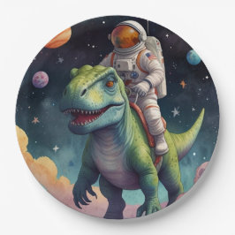 Astronaut auf dem Dino im Weltraum Pappteller