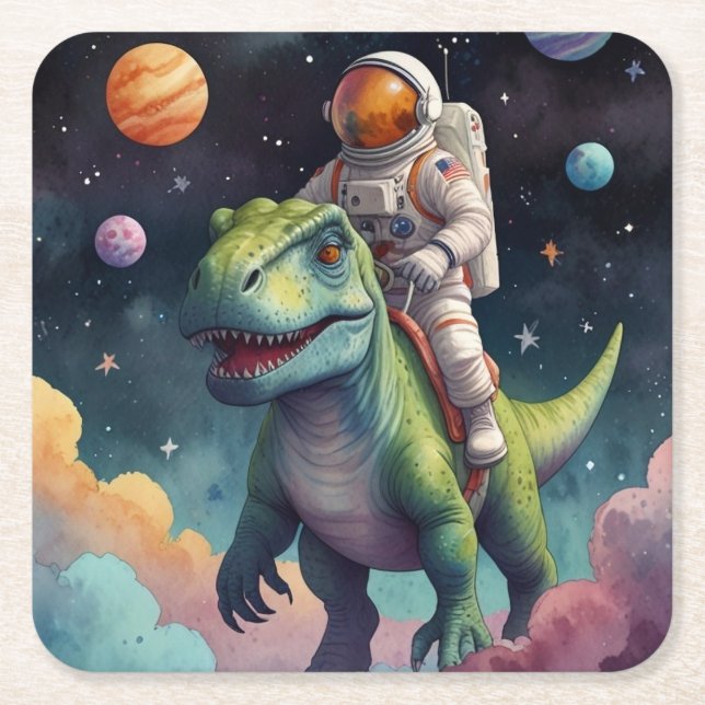 Astronaut auf dem Dino im Weltraum Rechteckiger Pappuntersetzer (Vorderseite)