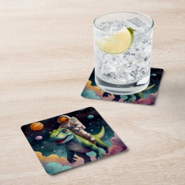 Astronaut auf dem Dino im Weltraum Rechteckiger Pappuntersetzer (Von Creator hochgeladen)