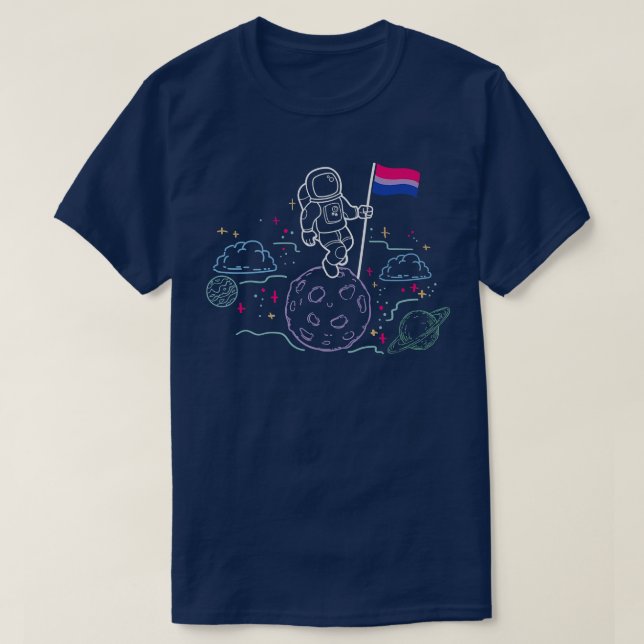 Astronaut auf dem Mond, der die Biseual-Flagge im T-Shirt (Design vorne)
