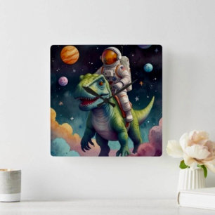 Astronaut auf Dino im Weltraum Quadratische Wanduhr