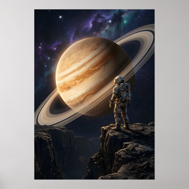 Astronaut beim Blick auf den Saturn Poster (Vorne)
