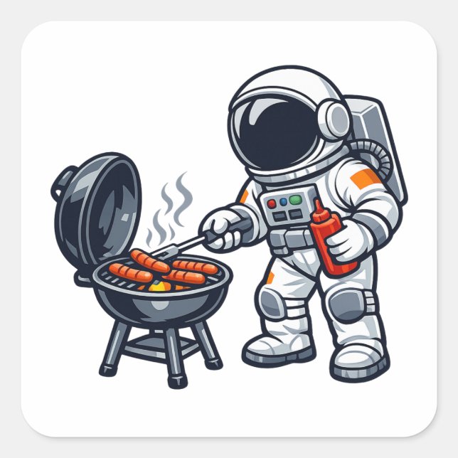 Astronaut beim Grillen Quadratischer Aufkleber (Vorderseite)