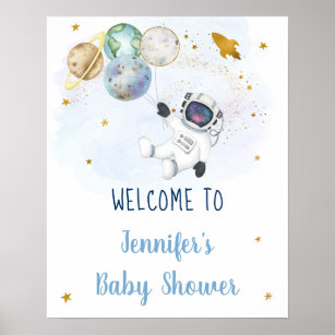 Astronaut Blue Gold Space Baby Dusche willkommen Poster