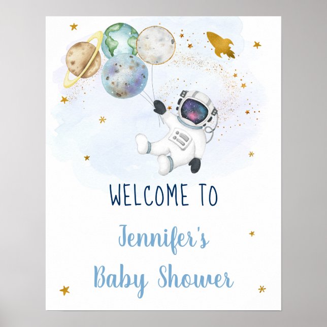 Astronaut Blue Gold Space Baby Dusche willkommen Poster (Vorne)