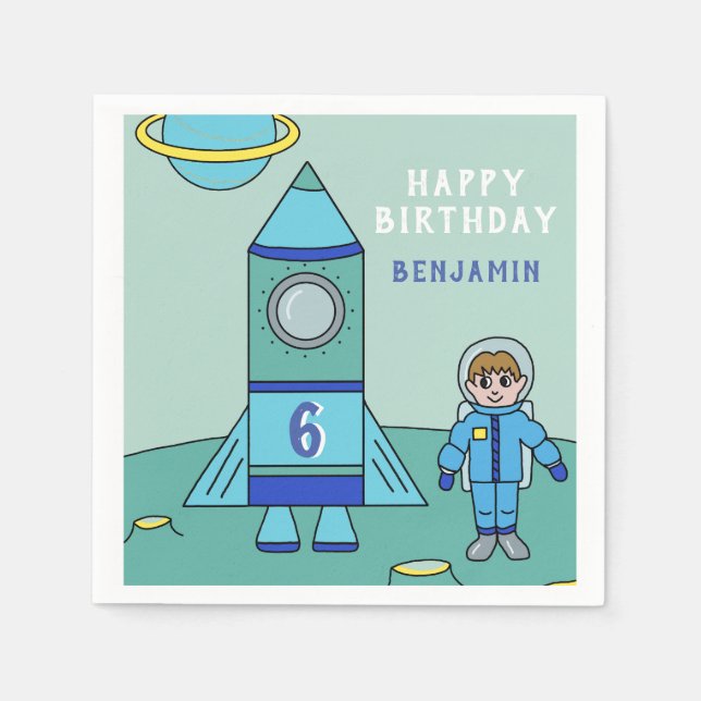 Astronaut Boy und Rocket auf der Moon Birthday Par Serviette (Vorderseite)