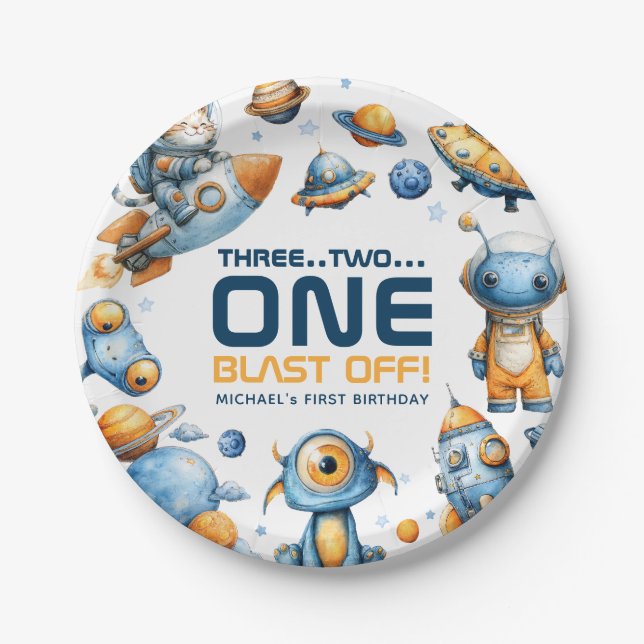 Astronaut Cat Outer Space Blast Off 1st Birthday  Pappteller (Vorderseite)