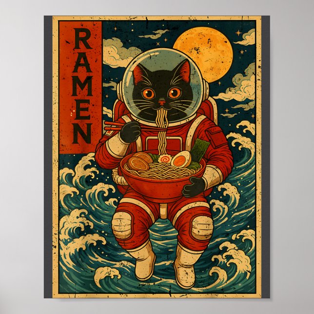 Astronaut Cat Ramen Japanese Graphic Tees Men Wome Poster (Vorne)